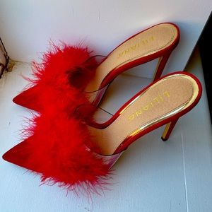 Red vegan feathered Liliana heels - size 8.5